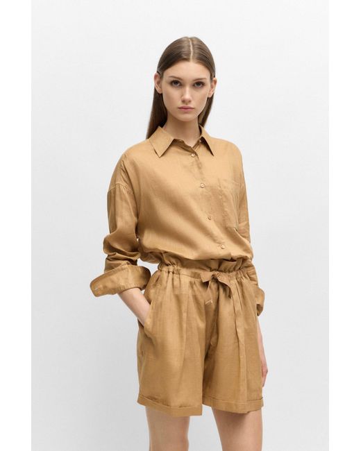 Boss Natural Relaxed-fit Blouse In Ramie Canvas With Point Collar
