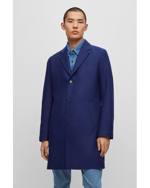 HUGO Blue Wool-blend Coat With Ivory-nut Buttons for men