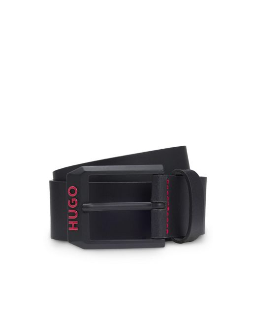 HUGO Black Italian-Leather Belt With Angular Logo Buckle for men