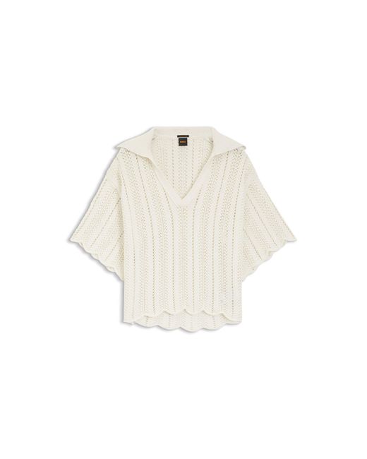 Boss White Cotton-Blend Sweater With Knitted Wave Structure