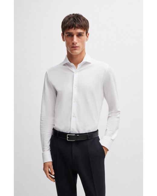 Boss White Slim-fit Shirt In Cotton-piqu Jersey for men