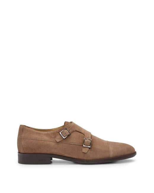 Boss Brown Double-monk Shoes In Suede for men