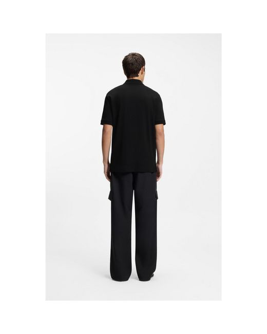 HUGO Black Cotton Piqué Polo Shirt With Zip Neckline for men