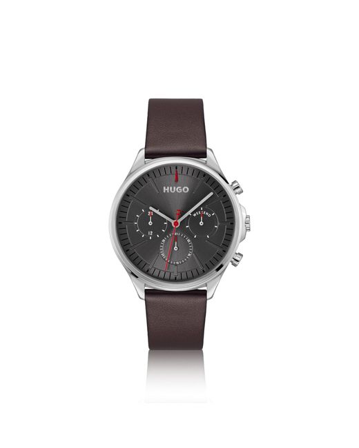 HUGO Gray Tone Watch With Leather Strap for men