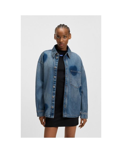 HUGO Blue Rigid-Denim Shirt With Printed Hearts
