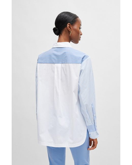 Boss Blue Pure-cotton Blouse With Mixed Vertical Stripes