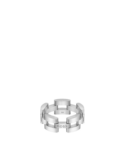 Boss White Link Ring In Steel With Engraved Logo for men