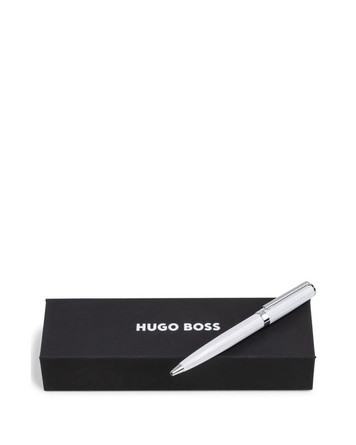Boss Black Ballpoint Pen In Glossy-white Lacquer With Logo Ring