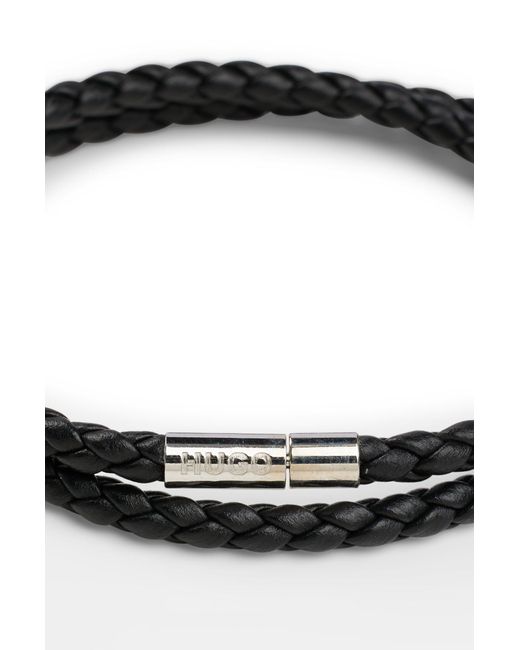 HUGO Black Double Braided-leather Cuff With Branded Closure for men