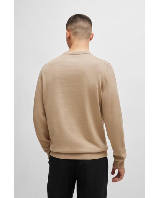 HUGO Natural Knitted Cotton Sweater With Red Logo Label for men