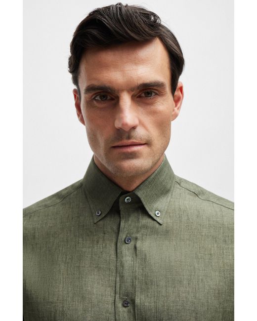 Boss Extra lang geschnittenes Regular-Fit Hemd aus Leinen in Green für Herren