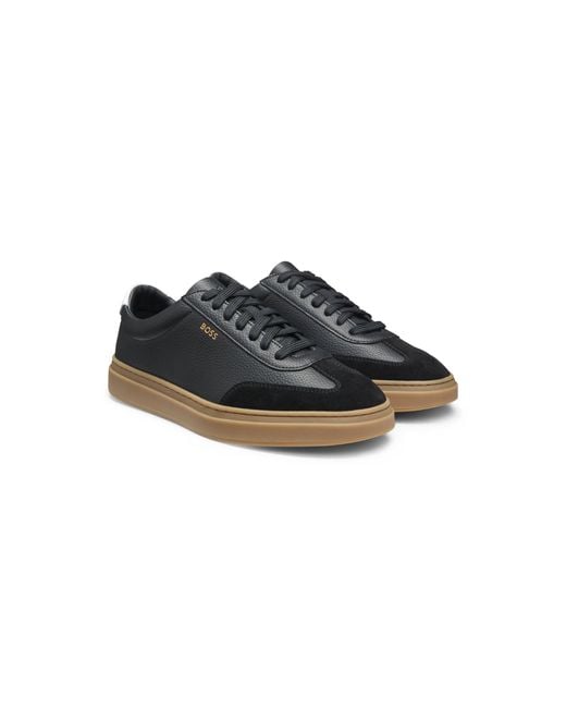 Boss Black Grained-Leather Trainers With Contrast Backtab for men