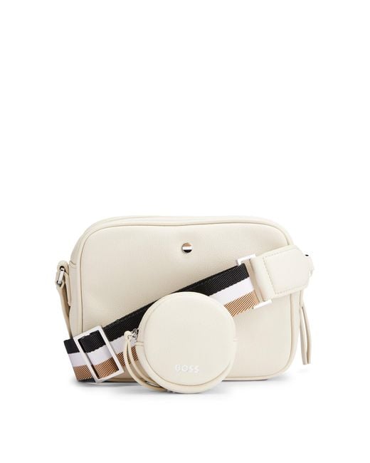 Boss White Grained Faux-leather Crossbody Bag With Outline Logo