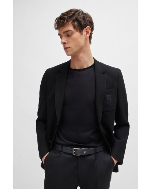 Boss Gürtel aus genarbtem italienischem Leder mit Signature-Streifen-Detail in Black für Herren