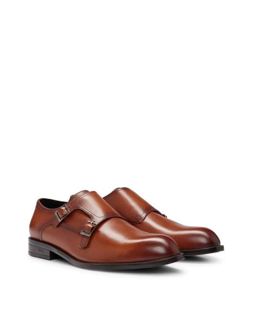 Boss Brown Double-monk Shoes In Smooth Leather With Branded Buckles for men