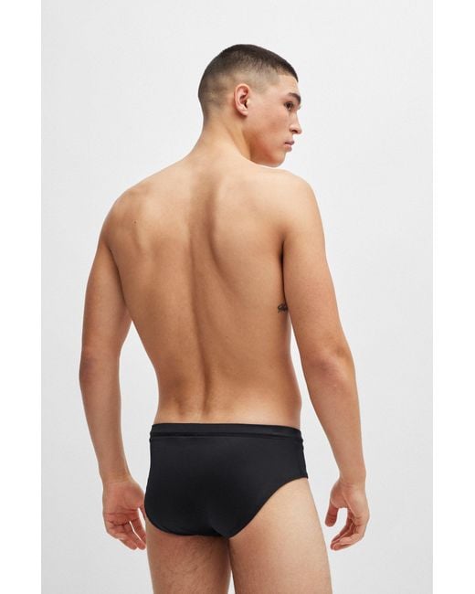HUGO Black Stretch-jersey Swim Briefs With Foil-print Logo for men