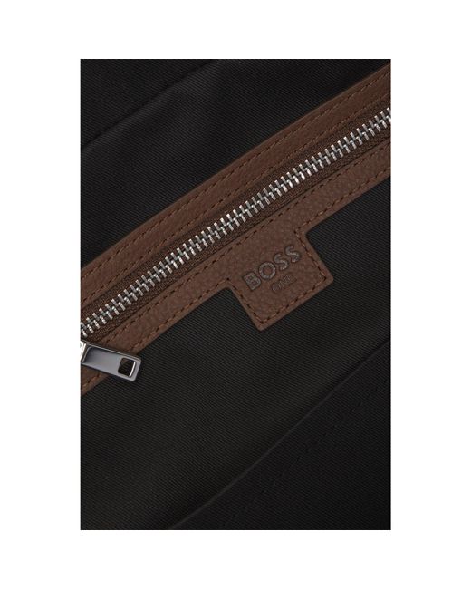 Boss Brown Grained-Leather Holdall With Emed Logo for men