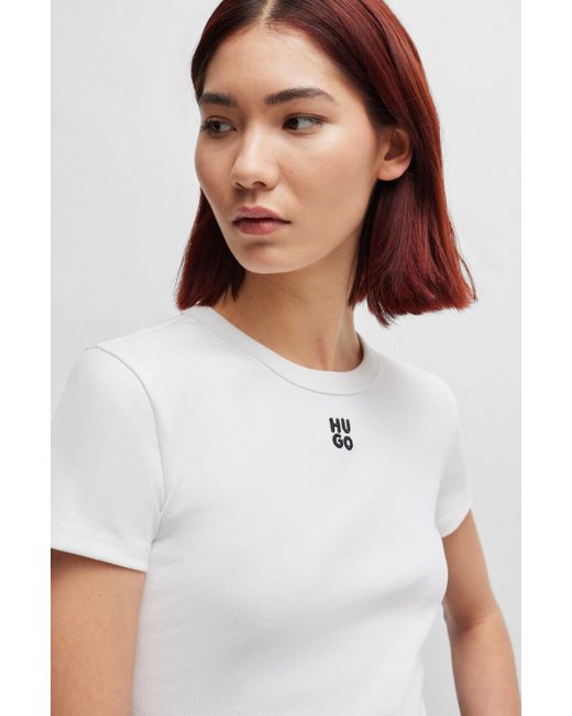 HUGO Korter Slim-fit T-shirt Van Een Katoenmix Met Tweedelig Logo in het White