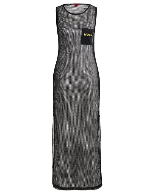 HUGO Gray Sleeveless Dress In Net Mesh With Logo Embroidery