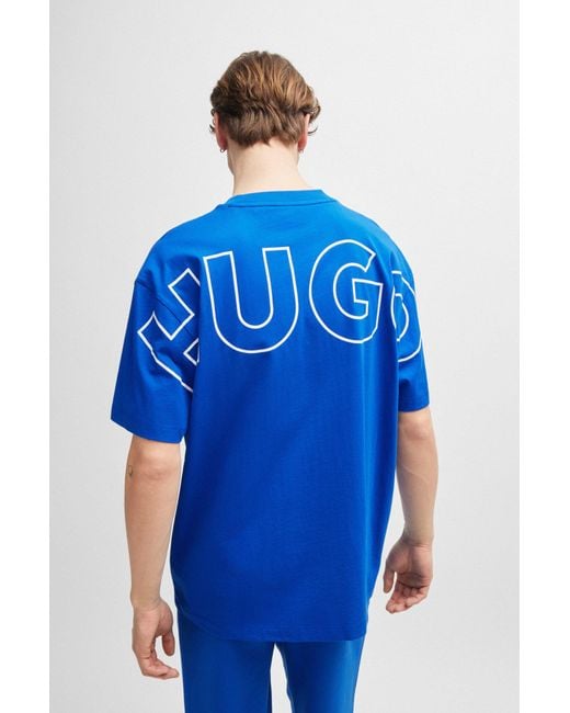 HUGO Blue Cotton-jersey T-shirt With Outline Logos for men