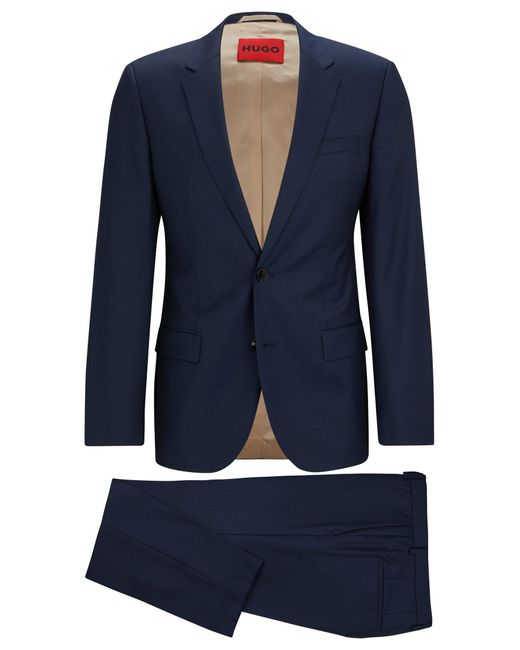 HUGO Blue Slim-fit Suit In Patterned Virgin-wool Canvas for men