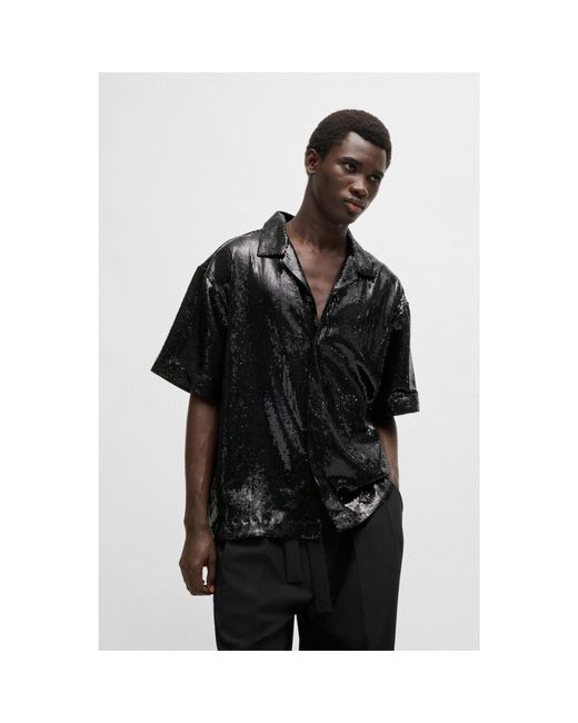 HUGO Black Oversized-Fit Short-Sleeved Shirt for men