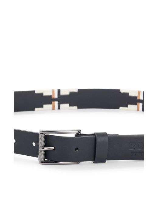 Boss Black Equestrian Leather Belt With Hand-embroidered Signature Stripes