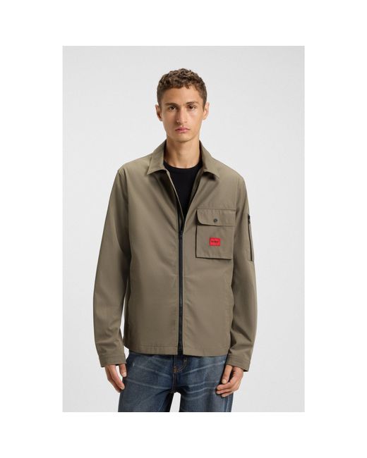 HUGO Brown Zip-Up Cotton-Blend Canvas Overshirt With Logo Label for men
