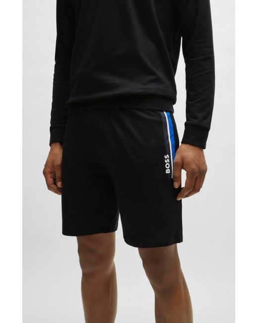 Boss Black Drawstring Shorts In French Terry With Stripes And Logo for men