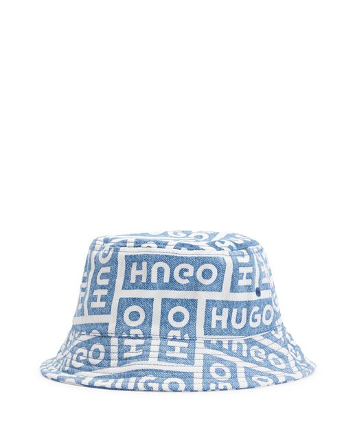 HUGO Blue Cotton-denim Bucket Hat With Lasered Logos for men