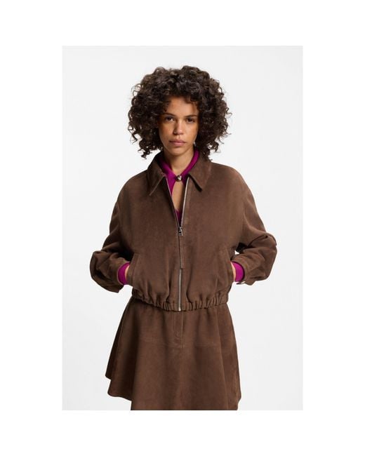 HUGO Brown Suede Jacket With Gathered Hem