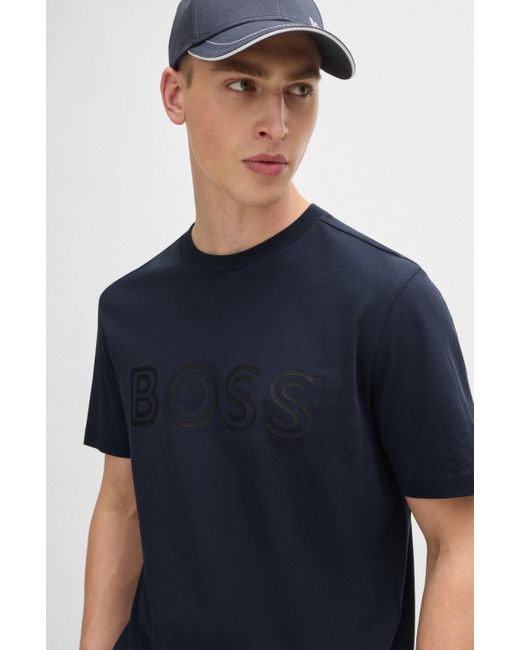 Boss Blue Cotton-jersey Regular-fit T-shirt With Logo Artwork for men