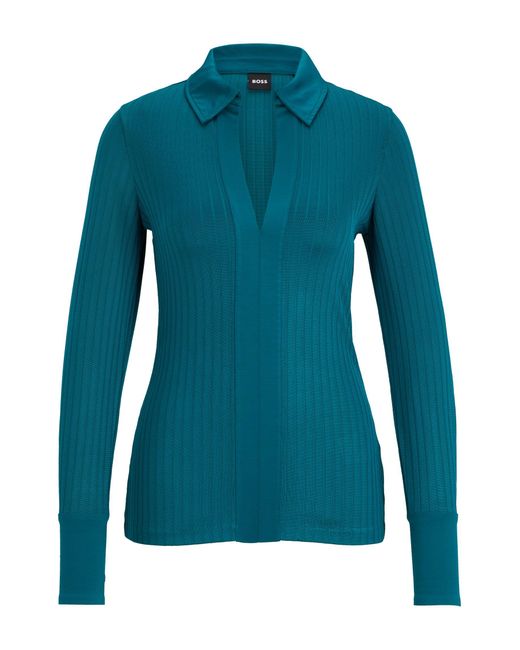 Boss Blue Ribbed Long-sleeved Blouse With Johnny Collar
