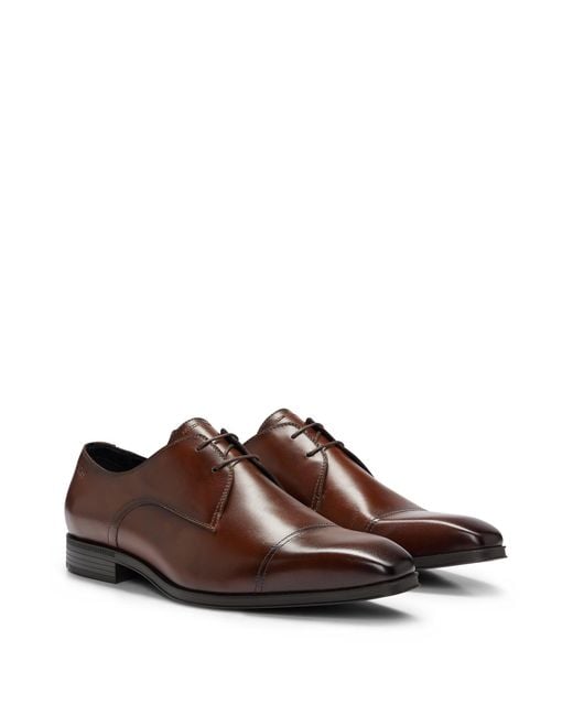 Boss Brown Leather Lace-up Derby Shoes With Emed Logo for men