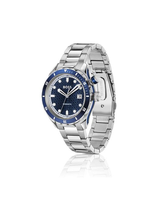 Boss Blue Tone Automatic Watch With Monogram-Textured Dial for men