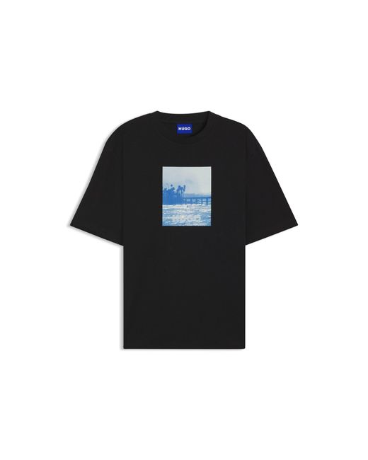 HUGO Black Cotton-Jersey T-Shirt With Printed Artwork for men