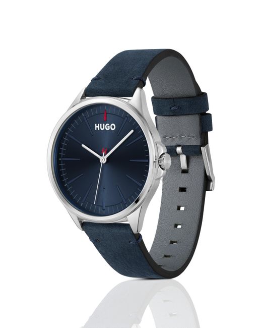 HUGO Distressed-leather-strap Watch With Blue Dial Men's Watches for men
