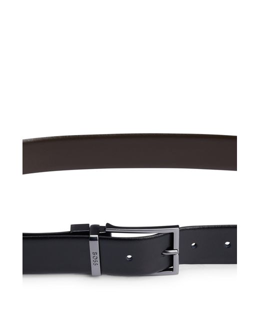Boss Black Reversible Italian-leather Belt With Logo-engraved Keeper for men