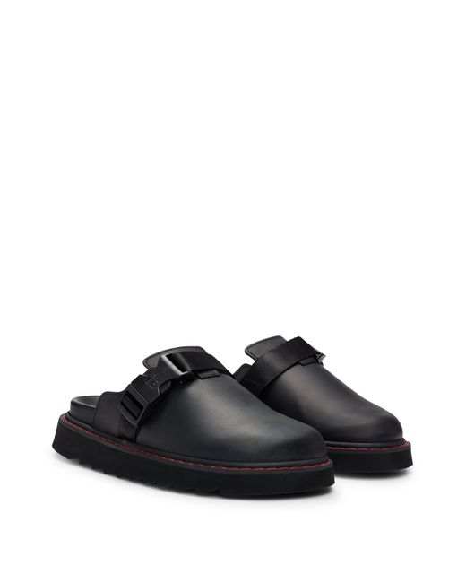 HUGO Black Leather Slip-on Shoes With Branded Buckle for men