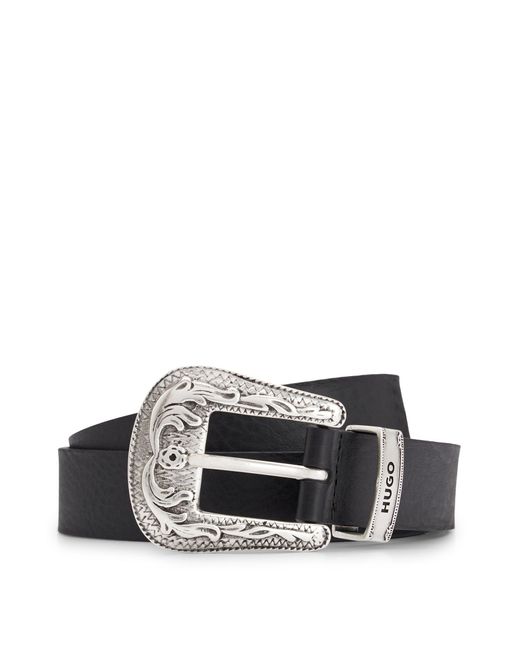 HUGO Black Italian-leather Belt With Ornate Buckle, Keeper And Tip for men