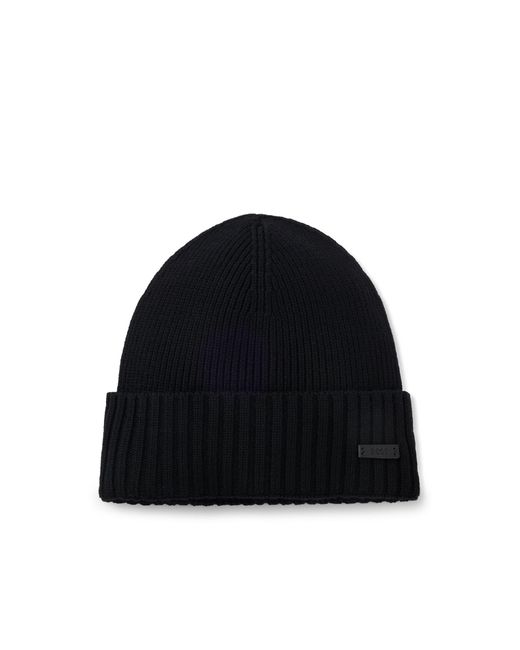 Boss Black Rib-Knit Virgin-Wool Beanie With Logo Plaque for men
