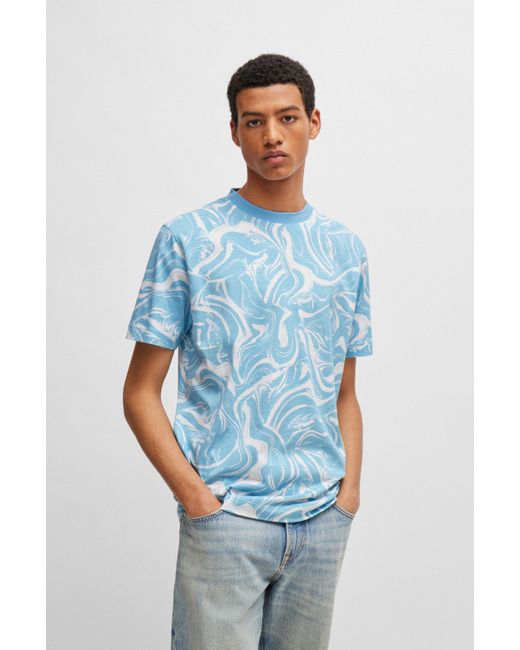 Boss Relaxed-Fit T-Shirt aus Baumwoll-Jersey mit Wellen-Print in Blue für Herren
