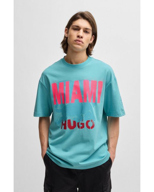 HUGO Blue Cotton-jersey T-shirt With Special Miami Print for men
