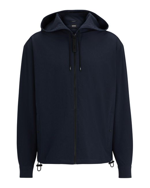 Boss Blue Zip-up Relaxed-fit Hooded Shirt In Stretch Fabric for men