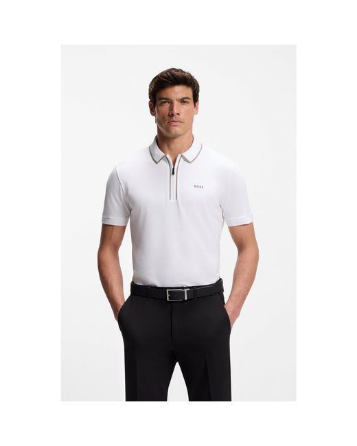 Boss White Stretch-Cotton Polo Shirt With Contrast Stripes for men