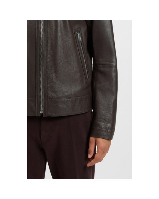 Boss Gray Regular-Fit Leather Jacket With Zip Closure for men