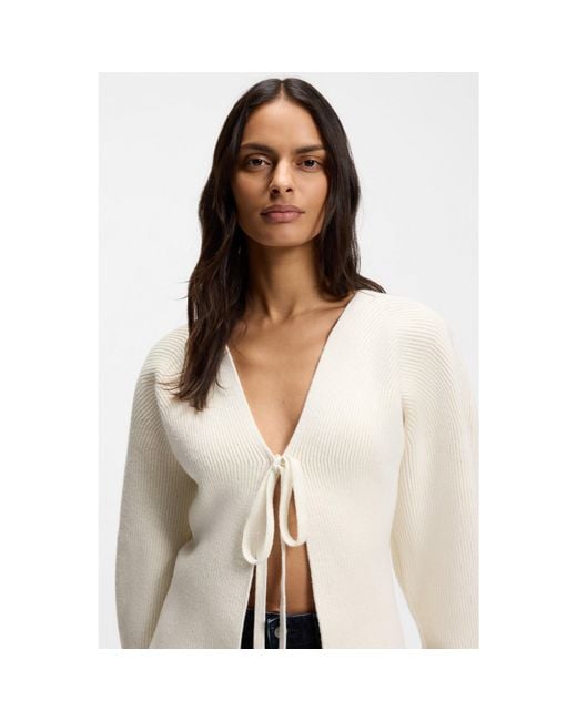 Boss White Tie-Front Rib-Knit Cardigan With Balloon Sleeves