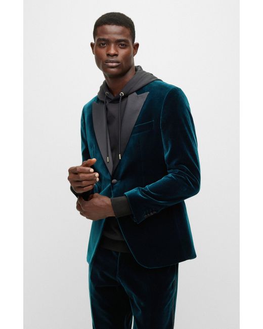 BOSS by Slim-fit Tuxedo Jacket In Pure-cotton Velvet Blue for Men | Lyst