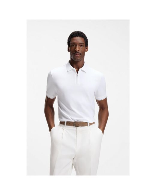 Boss White Regular-Fit Polo With Zip Closure for men