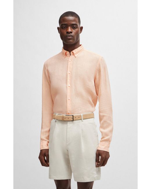 Boss Natural Regular-fit Linen Shirt With Button-down Collar for men